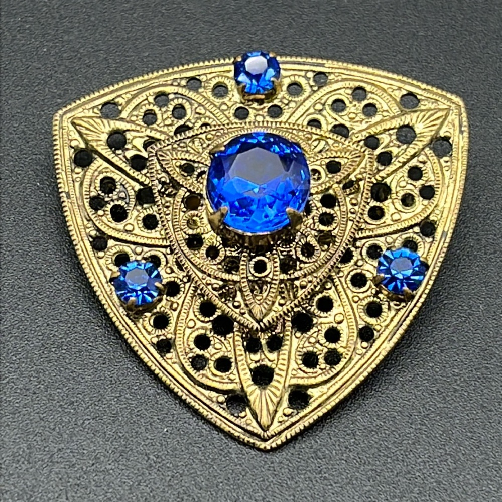 Bohemian Czech glass gold-tone brooch 1.75 inches brilliant blue glass stones